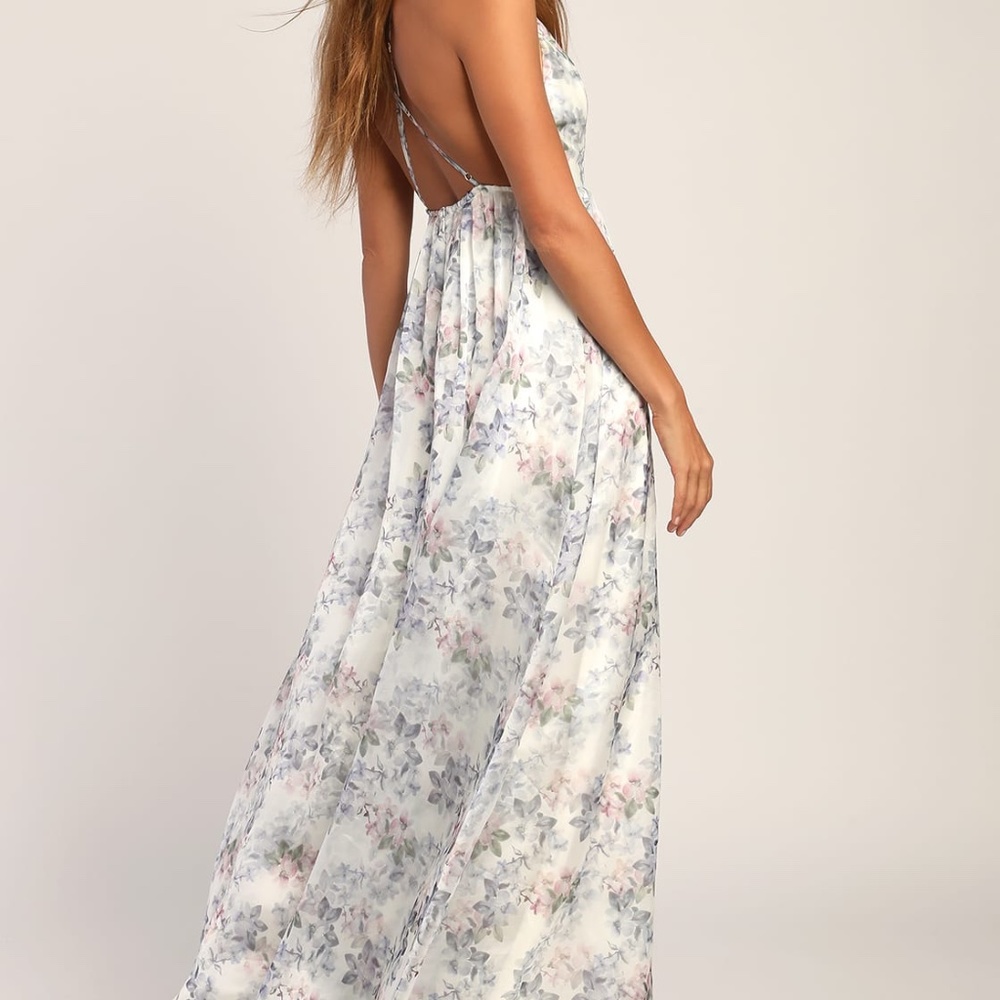 NWT Lulu's Organza Evening Ivory Floral Print Sleeveless Maxi Dress SIZE XS